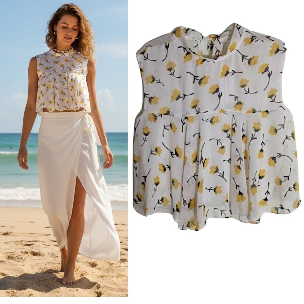 Symphony Chiffon Floral Peplum Crop Top L White Boho Cottagecore High Neck NWT